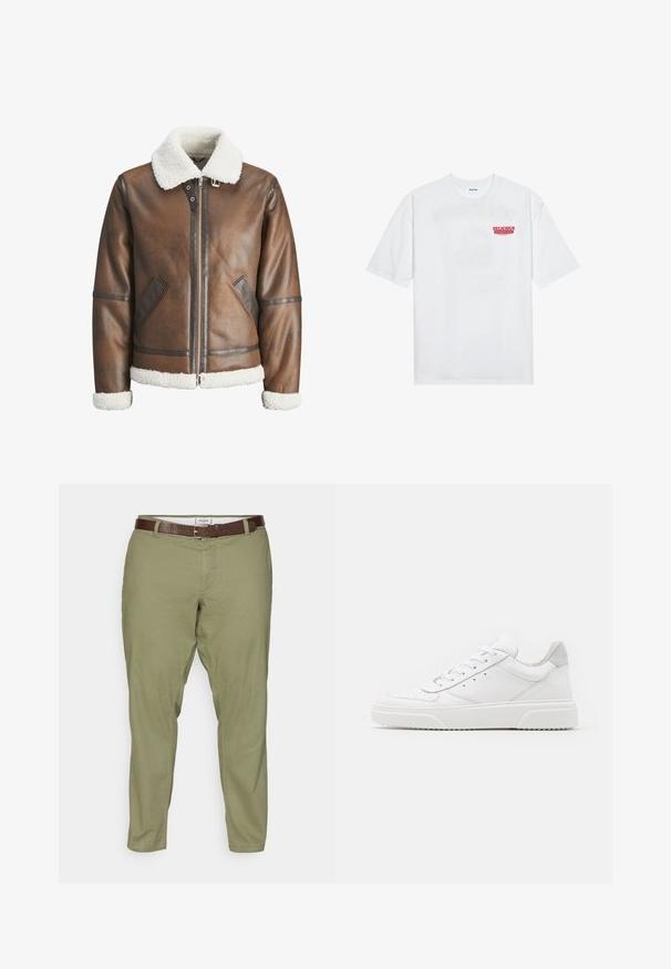 Giacca bomber in pelle marrone con colletto e polsini in shearling bianco, dotata di chiusura con zip e tasche laterali. Accentuata con finiture in pelle.; T-shirt bianco in cotone con maniche corte, collo rotondo e una grafica rossa con il testo "FRUTTA DELIZIOSA E RINFRESCANTE" sul davanti.; Pantaloni in misto cotone verde oliva con vestibilità dritta, dotati di tasche anteriori e una cintura in pelle marrone. Texture liscia e design pulito.; Sneaker bianche in pelle con finitura liscia, punta arrotondata, lacci piatti e suola texturizzata. Accento in suede grigio sul tallone.