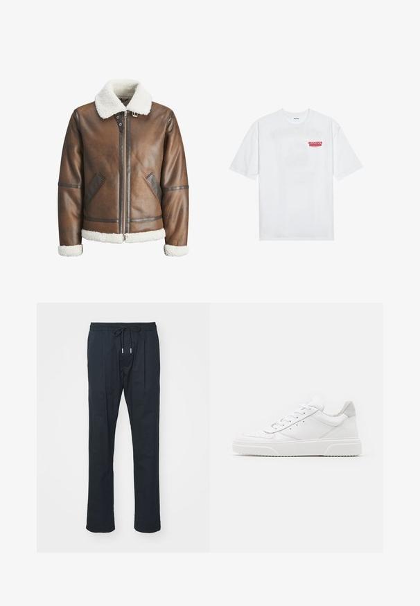 Brown leather bomber jacket with a white shearling collar and cuffs, featuring zip closure and side pockets. Accented with leather trim.; White cotton t-shirt featuring short sleeves, crew neck, and a red graphic text "DELICIOUS REFRESHING FRUIT" on the front.; Black trousers featuring an elastic waistband with a drawstring for adjustable fit. Straight-leg design and lightweight fabric. No visible patterns.; White leather sneakers with a smooth finish, rounded toe, flat laces, and a textured sole. Grey suede accent at the heel.