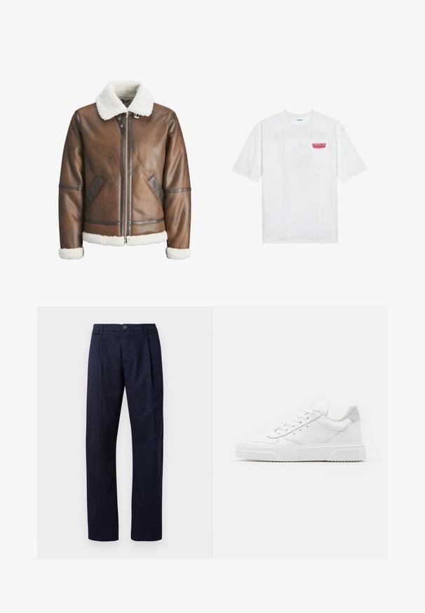 Brown leather bomber jacket with a white shearling collar and cuffs, featuring zip closure and side pockets. Accented with leather trim.; White cotton t-shirt featuring short sleeves, crew neck, and a red graphic text "DELICIOUS REFRESHING FRUIT" on the front.; Navy blue trousers made of fabric with a smooth texture, featuring straight legs, a button closure, and a single front pleat.; White leather sneakers with a smooth finish, rounded toe, flat laces, and a textured sole. Grey suede accent at the heel.