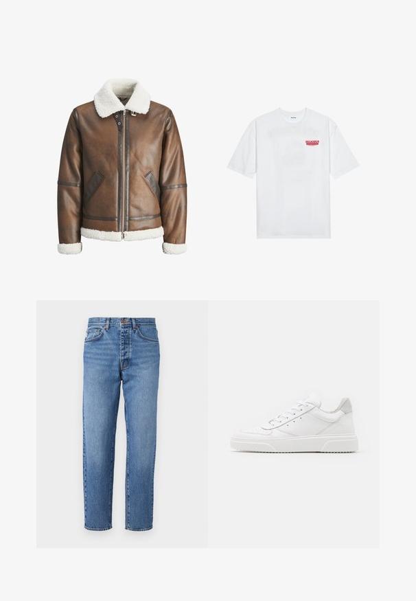 Chaqueta bomber de cuero marrón con un cuello y puños de borreguito blanco, con cierre de cremallera y bolsillos laterales. Acabada con detalles de cuero.; Camiseta de algodón blanca con mangas cortas, cuello redondo y un texto gráfico rojo que dice "FRUTA DELICIOSA Y REFRESCANTE" en la parte frontal.; Jeans de mezclilla azul claro con corte recto, cinco bolsillos y cierre de botón. Textura deslavada con ligeras arrugas en la parte frontal.; Zapatillas de cuero blanca con un acabado suave, punta redondeada, cordones planos y una suela texturada. Acento de ante gris en el talón.