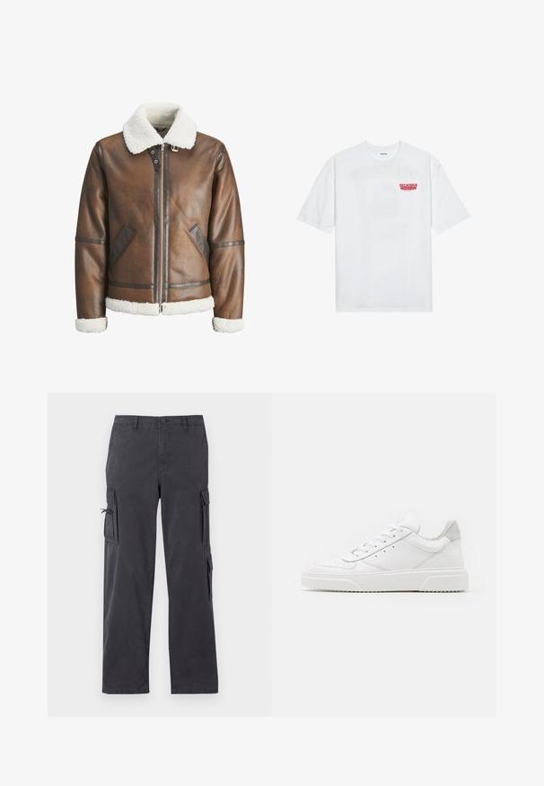 Chaqueta bomber de cuero marrón con un cuello y puños de borreguito blanco, con cierre de cremallera y bolsillos laterales. Acabada con detalles de cuero.; Camiseta de algodón blanca con mangas cortas, cuello redondo y un texto gráfico rojo que dice "FRUTA DELICIOSA Y REFRESCANTE" en la parte frontal.; Pantalones cargo de color gris oscuro con un diseño de pierna recta, fabricados con una mezcla de algodón duradera, que cuentan con bolsillos laterales y cordones ajustables.; Zapatillas de cuero blanca con un acabado suave, punta redondeada, cordones planos y una suela texturada. Acento de ante gris en el talón.