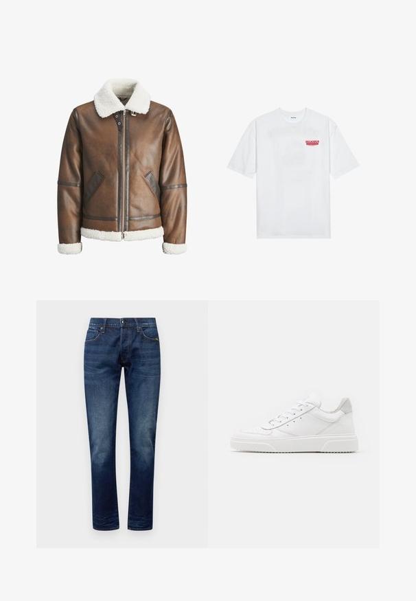 Hnědá kožená bomber bunda s bílým beránkovým límcem a manžetami, s zipovým zapínáním a bočními kapsami. Ozdobena koženými detaily.; Bílý bavlněný tričko s krátkým rukávem a kulatým výstřihem, na přední straně s červeným grafickým textem "VYNIKAJÍCÍ OSVĚŽUJÍCÍ OVOCNÝ".; Džíny z denimu v tmavě modré barvě s hladkou texturou, rovný střih, styl s pěti kapsami a oranžové švy na švech a kapsách.; Bílé kožené tenisky s hladkým povrchem, zaoblenou špičkou, plochými tkaničkami a texturovanou podrážkou. Šedý semišový detail na patě.