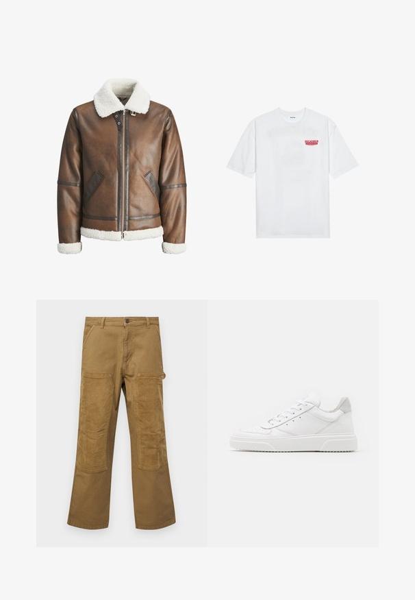 Jachetă bombardieră din piele maro cu guler și manșete din blană albă, având închidere cu fermoar și buzunare laterale. Accentuata cu detalii din piele.; Tricou alb din bumbac, cu mâneci scurte, guler rotund și un text grafic roșu "FRUCTE DELICIOASE ȘI RACORITOARE" pe față.; Pantaloni cargo din bumbac maro, cu imprimeuri dintr-un material ribbed contrastant, croi drept, cinci buzunare și închidere cu nasture.; Adidași din piele albă cu un finisaj neted, vârf rotunjit, șireturi plate și o talpă texturată. Accente din piele întoarsă gri la călcâi.