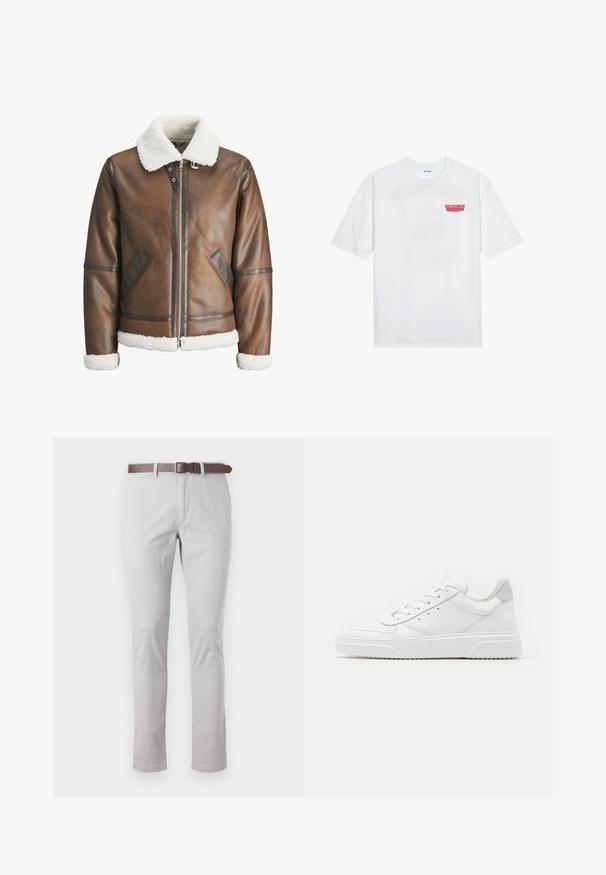 Barna bőr bombázó dzseki fehér báránybőr gallérral és mandzsettával, cipzáras záródással és oldalsó zsebekkel. Bőrkivágással kiemelve.; Fehér pamut póló, rövid ujjakkal, kerek nyakkal, elöl piros grafikus felirattal: "ÍZLETES FRESKÉLŐ GYÜMÖLCS".; Világosszürke, pamut anyagú nadrág, slim fit fazonban. Barna bőrbelsővel és minimális varrási részletekkel az oldalakon.; Fehér bőr sportcipő sima felülettel, kerek orral, lapos fűzőkkel és textúrált talppal. Szürke velúr díszítés a saroknál.