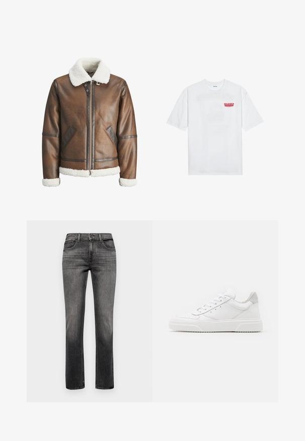 Rjav usnjeni bomberski jopič z belim ovčjim krznom na ovratniku in manšetah, z zadrgo in stranskima žepoma. Okrašen z usnjenimi detajli.; Bela bomba majica iz bombaža z kratkimi rokavi, krožno ovratnikom in rdečim grafičnim besedilom "OKUSNO OSVEŽILNO SADJE" na sprednji strani.; 7 for all mankind CHECK OFF - Kavbojke slim fit - grey; Bele usnjene športne copate z gladkim zaključkom, okroglo konico, ravnimi vezalkami in teksturiranim podplatom. Sivi semiš detajl na peti.