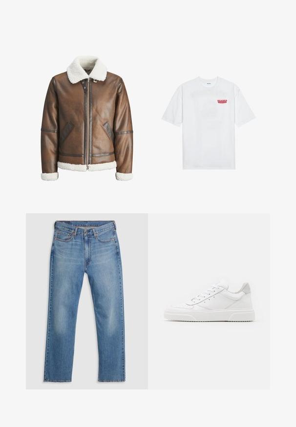 Brun skinn bomberjakke med hvit shearlingkrage og mansjetter, med glidelås foran og sidelommer. Akzentert med skinnkanter.; Hvit bomull t-skjorte med korte ermer, rund hals og en rød grafisk tekst "DELICIOUS REFRESHING FRUIT" foran.; Blå straight-leg denimjeans med frontknap og lynlås, bæltestropper og fem-lomme design på hvid baggrund.; Hvite skinnsko med en glat overflate, rund tå, flate lisser og teksturert såle. Grå semsket innfelt ved hælen.