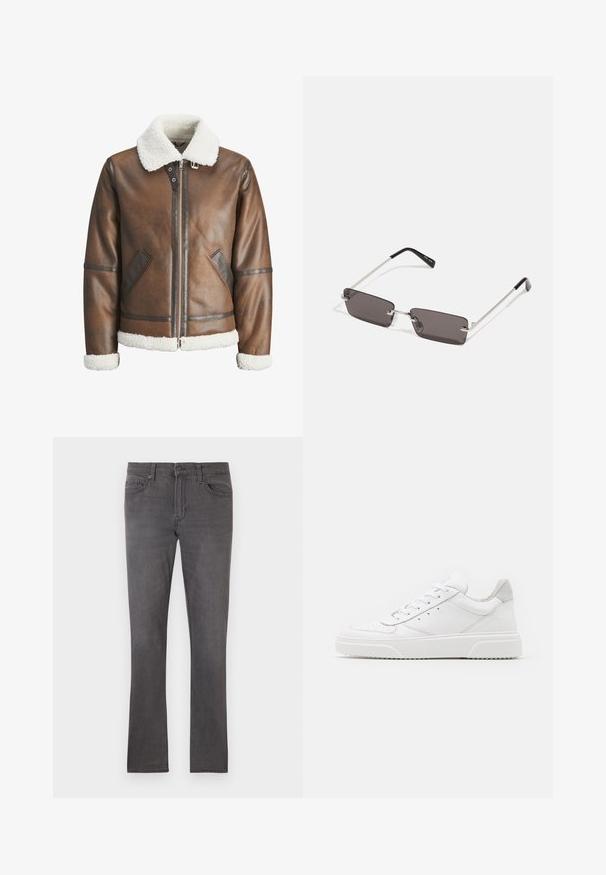 Veste bombardier en cuir marron avec un col et des poignets en shearling blanc, équipée d'une fermeture éclair et de poches latérales. Accentuée de garnitures en cuir.; T-shirt en coton blanc avec des manches courtes, col rond et un texte graphique rouge "FRUIT RAFRAÎCHISSANT DÉLICIEUX" à l'avant.; Jean gris ajusté pour homme avec poches avant, passants de ceinture et fermeture à bouton sur fond blanc.; Des baskets en cuir blanc avec une finition lisse, un bout rond, des lacets plats et une semelle texturée. Accents en daim gris au niveau du talon.; Lunettes de soleil avec des verres rectangulaires gris foncé, des montures en métal argenté et des embouts en plastique noir sur les branches. Conception légère avec des plaquettes de nez.
