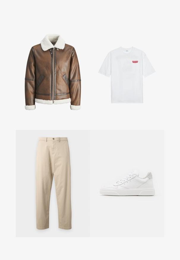 Brūna ādas bumbieru mēteli ar baltu kažokādas apkakli un aprocēm, izceļas ar rāvējslēdzēju un sānu kabatām. Akcentēts ar ādas apdari.; Balta kokvilnas T-kreklu ar īsām piedurknēm, apaļu kakla izgriezumu un sarkanu grafisku tekstu "GARDI ATSPIRDZINOŠI AUGĻI" priekšpusē.; GAP ESSENTIAL BAGGY FIT - Auduma bikses - khaki; Baltie ādas sporta apavi ar gludu virsmu, noapaļotu purngalu, plakaniem šņorēm un reljefa zoli. Pelēks zamšādas akcenti pie papēža.