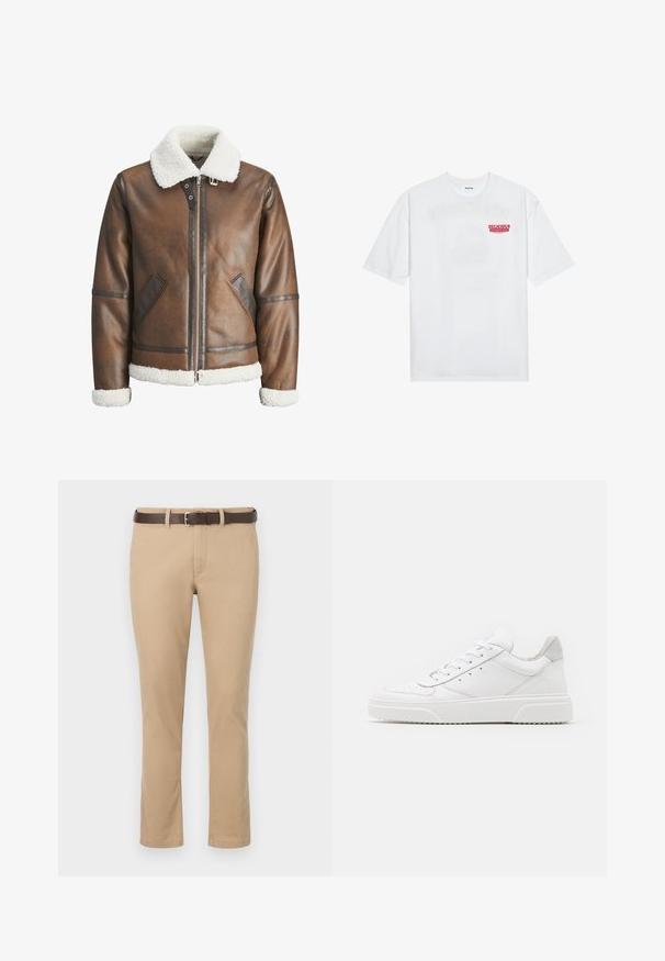 Rjav usnjeni bomberski jopič z belim ovčjim krznom na ovratniku in manšetah, z zadrgo in stranskima žepoma. Okrašen z usnjenimi detajli.; Bela bomba majica iz bombaža z kratkimi rokavi, krožno ovratnikom in rdečim grafičnim besedilom "OKUSNO OSVEŽILNO SADJE" na sprednji strani.; Kakhi hlače ravnega kroja, izdelane iz bombaža, z rjavim usnjenim pasom s srebrno sponko. Gladka tekstura, brez vzorcev.; Bele usnjene športne copate z gladkim zaključkom, okroglo konico, ravnimi vezalkami in teksturiranim podplatom. Sivi semiš detajl na peti.