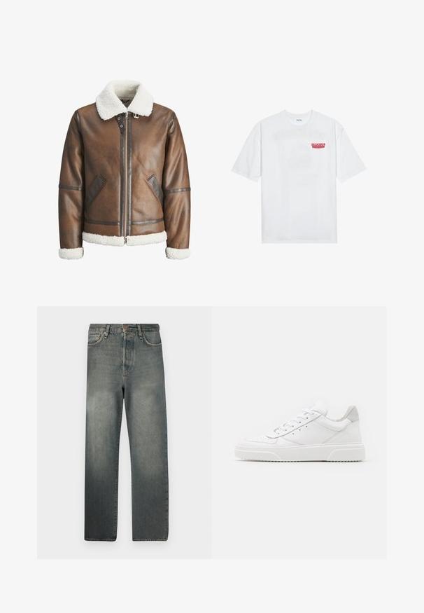 Hnědá kožená bomber bunda s bílým beránkovým límcem a manžetami, s zipovým zapínáním a bočními kapsami. Ozdobena koženými detaily.; Bílý bavlněný tričko s krátkým rukávem a kulatým výstřihem, na přední straně s červeným grafickým textem "VYNIKAJÍCÍ OSVĚŽUJÍCÍ OVOCNÝ".; Jack & Jones JJIALEX JJCOOPER - Baggy džíny - black denim; Bílé kožené tenisky s hladkým povrchem, zaoblenou špičkou, plochými tkaničkami a texturovanou podrážkou. Šedý semišový detail na patě.