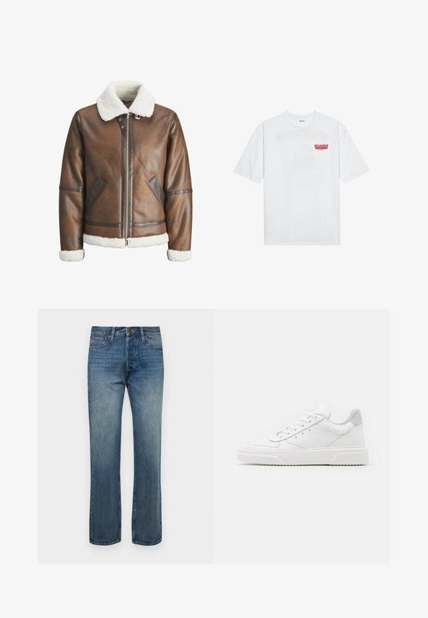 Brun läderbomberjacka med vit fårskinnskrage och manschetter, med dragkedjestängning och sidofickor. Utsmyckad med läderdetaljer.; Vit bomulls t-shirt med kort ärm, rund halsringning och en röd grafisk text "DELICIOUS REFRESHING FRUIT" på framsidan.; Herrarnas blå denimjeans med rak bendesign, som har en enkel knappstängning, framfickor och en subtil blekt struktur.; Vita lädersneakers med en slät yta, rund tå, platta snören och en texturerad sula. Grå mockadetalj vid hälen.