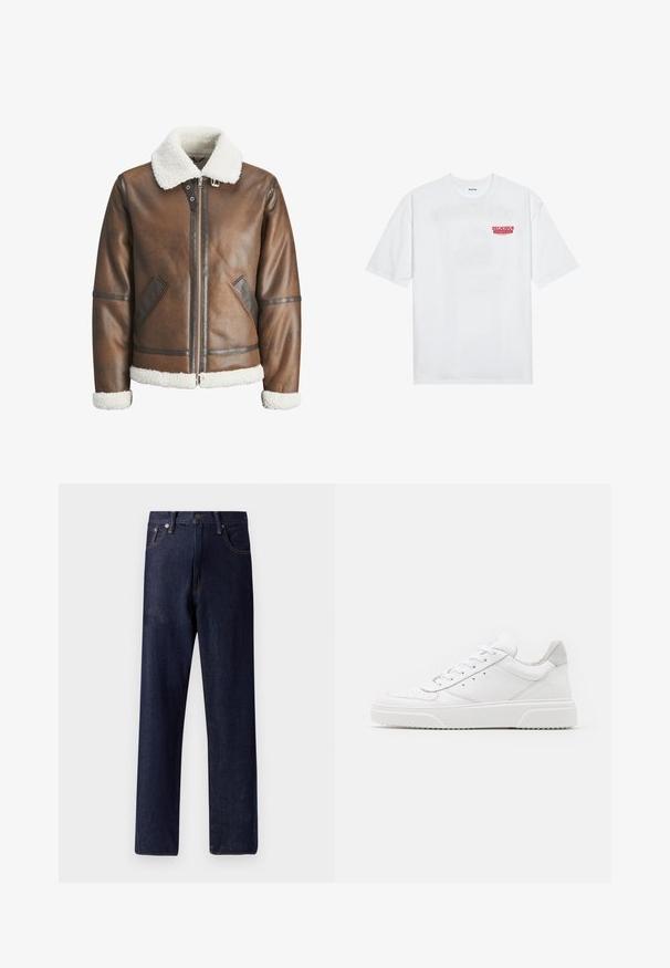 Hnědá kožená bomber bunda s bílým beránkovým límcem a manžetami, s zipovým zapínáním a bočními kapsami. Ozdobena koženými detaily.; Bílý bavlněný tričko s krátkým rukávem a kulatým výstřihem, na přední straně s červeným grafickým textem "VYNIKAJÍCÍ OSVĚŽUJÍCÍ OVOCNÝ".; Tmavě modré denimové džíny s rovnými nohavicemi, pěti kapsami a decentním prošíváním. Středně vysoký pas s kovovým knoflíkem a zipovým zapínáním.; Bílé kožené tenisky s hladkým povrchem, zaoblenou špičkou, plochými tkaničkami a texturovanou podrážkou. Šedý semišový detail na patě.