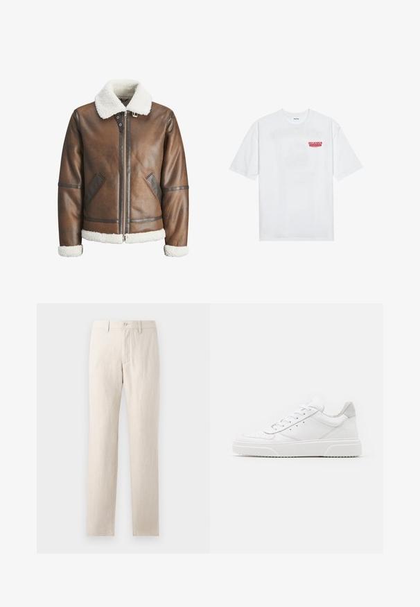 Brown leather bomber jacket with a white shearling collar and cuffs, featuring zip closure and side pockets. Accented with leather trim.; White cotton t-shirt featuring short sleeves, crew neck, and a red graphic text "DELICIOUS REFRESHING FRUIT" on the front.; Beige linen trousers with a straight leg design, featuring a button closure, front and back pockets, and a smooth texture.; White leather sneakers with a smooth finish, rounded toe, flat laces, and a textured sole. Grey suede accent at the heel.