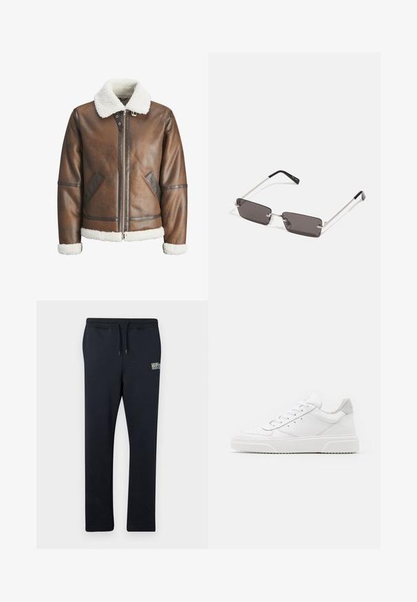 Brown leather bomber jacket with a white shearling collar and cuffs, featuring zip closure and side pockets. Accented with leather trim.; White cotton t-shirt featuring short sleeves, crew neck, and a red graphic text "DELICIOUS REFRESHING FRUIT" on the front.; Navy sweatpants made of soft fabric with an elastic waistband and drawstring, featuring a small printed logo on the left thigh.; White leather sneakers with a smooth finish, rounded toe, flat laces, and a textured sole. Grey suede accent at the heel.; Sunglasses with rectangular, dark grey lenses, silver metal frames, and black plastic tips on the arms. Lightweight design with nose pads.