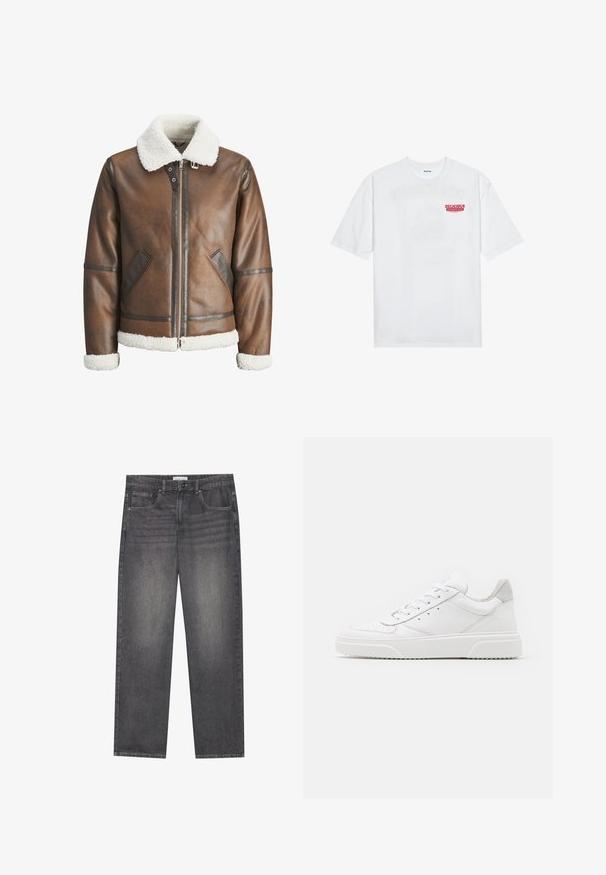 Jaqueta bomber de couro castanho com um colarinho e punhos de lã branca, apresentando fecho de zip e bolsos laterais. Acentuada com detalhes em couro.; T-shirt branca de algodão com mangas curtas, decote redondo e um gráfico vermelho com o texto "FRUTA DELICIOSA E REFRESCANTE" na frente.; Jeans de denim cinza escuro com corte reto, apresentando cinco bolsos, fecho frontal com botão e um esmaecimento subtil em toda a peça.; Ténis brancos em pele com acabamento suave, biqueira arredondada, atacadores planos e sola texturizada. Acento em camurça cinza na parte do calcanhar.