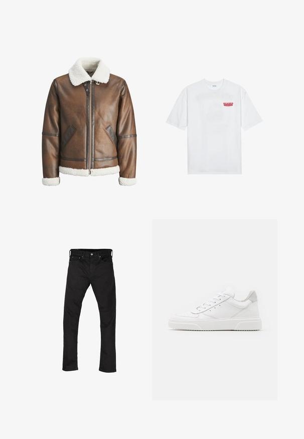 Brown leather bomber jacket with a white shearling collar and cuffs, featuring zip closure and side pockets. Accented with leather trim.; White cotton t-shirt featuring short sleeves, crew neck, and a red graphic text "DELICIOUS REFRESHING FRUIT" on the front.; Black slim-fit jeans with five pockets and button closure, displayed flat on a white background.; White leather sneakers with a smooth finish, rounded toe, flat laces, and a textured sole. Grey suede accent at the heel.
