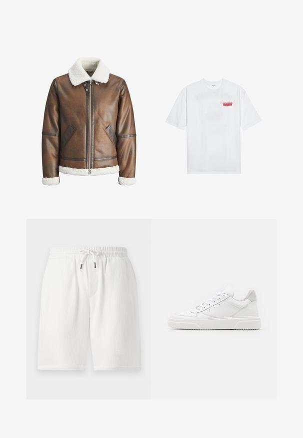 Brown leather bomber jacket with a white shearling collar and cuffs, featuring zip closure and side pockets. Accented with leather trim.; White cotton t-shirt featuring short sleeves, crew neck, and a red graphic text "DELICIOUS REFRESHING FRUIT" on the front.; White, textured shorts with an elastic waistband, drawstring closure, side pockets, and a relaxed fit. Suitable for casual wear.; White leather sneakers with a smooth finish, rounded toe, flat laces, and a textured sole. Grey suede accent at the heel.
