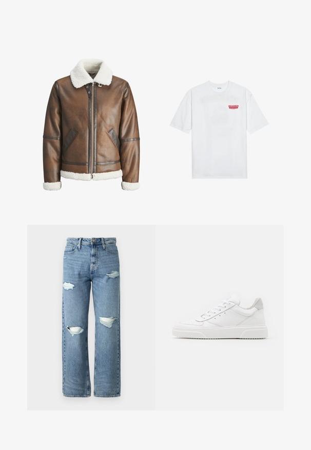 Rudas odinė bomberio striukė su balta avikailio apykakle ir rankovėmis, su užtrauktuku ir šoninėmis kišenėmis. Papuošta odiniais akcentais.; Balta medvilninė marškinėliai su trumpomis rankovėmis, apvaliu iškirpimu ir raudonu grafiniu tekstu "SKANI PAŽADINTI VAIŠIUS" priekyje.; Šviesiai mėlynos džinsinės kelnės su aukštu liemeniu, plačiomis kojomis, su dviem nusidėvėjusiais kelių įpjovimais ir klasikinio penkių kišenių dizainu.; Balti odiniai sportbačiai su lygiu paviršiumi, apvaliu pirštu, plokščiomis raištelėmis ir struktūrizuota padu. Pilko zimšo akcentas ant kulno.