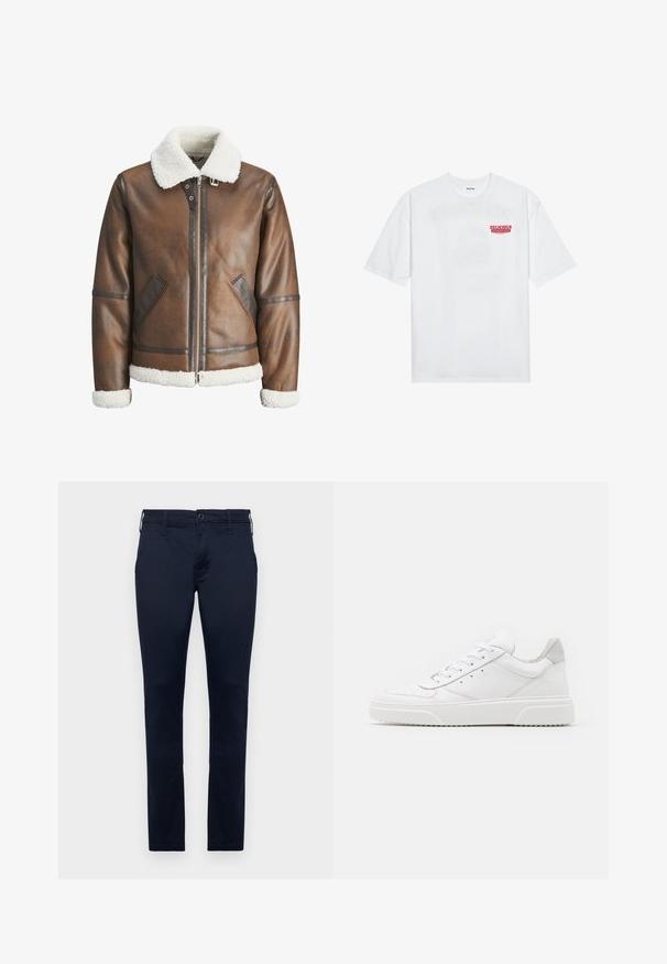 Hnědá kožená bomber bunda s bílým beránkovým límcem a manžetami, s zipovým zapínáním a bočními kapsami. Ozdobena koženými detaily.; Bílý bavlněný tričko s krátkým rukávem a kulatým výstřihem, na přední straně s červeným grafickým textem "VYNIKAJÍCÍ OSVĚŽUJÍCÍ OVOCNÝ".; Tmavě modré bavlněné kalhoty s rovnými nohavicemi, standardním pasem a pěti kapsami. Hladká textura s minimálním prošíváním.; Bílé kožené tenisky s hladkým povrchem, zaoblenou špičkou, plochými tkaničkami a texturovanou podrážkou. Šedý semišový detail na patě.