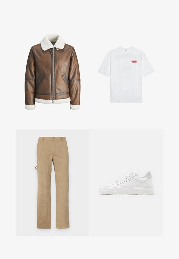 Brown leather bomber jacket with a white shearling collar and cuffs, featuring zip closure and side pockets. Accented with leather trim.; White cotton t-shirt featuring short sleeves, crew neck, and a red graphic text "DELICIOUS REFRESHING FRUIT" on the front.; Beige corduroy trousers with a straight cut, featuring a front button closure and belt loops. Textured fabric with vertical stripes.; White leather sneakers with a smooth finish, rounded toe, flat laces, and a textured sole. Grey suede accent at the heel.