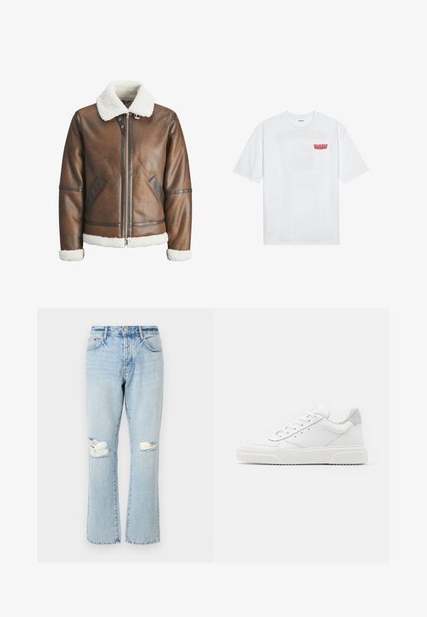 Rjav usnjeni bomberski jopič z belim ovčjim krznom na ovratniku in manšetah, z zadrgo in stranskima žepoma. Okrašen z usnjenimi detajli.; Bela bomba majica iz bombaža z kratkimi rokavi, krožno ovratnikom in rdečim grafičnim besedilom "OKUSNO OSVEŽILNO SADJE" na sprednji strani.; Svijetloplave istrošene traperice s detaljima na koljenima, ravnim nogavicama, pet džepova i traperom s izblijedjelom teksturom.; Bele usnjene športne copate z gladkim zaključkom, okroglo konico, ravnimi vezalkami in teksturiranim podplatom. Sivi semiš detajl na peti.