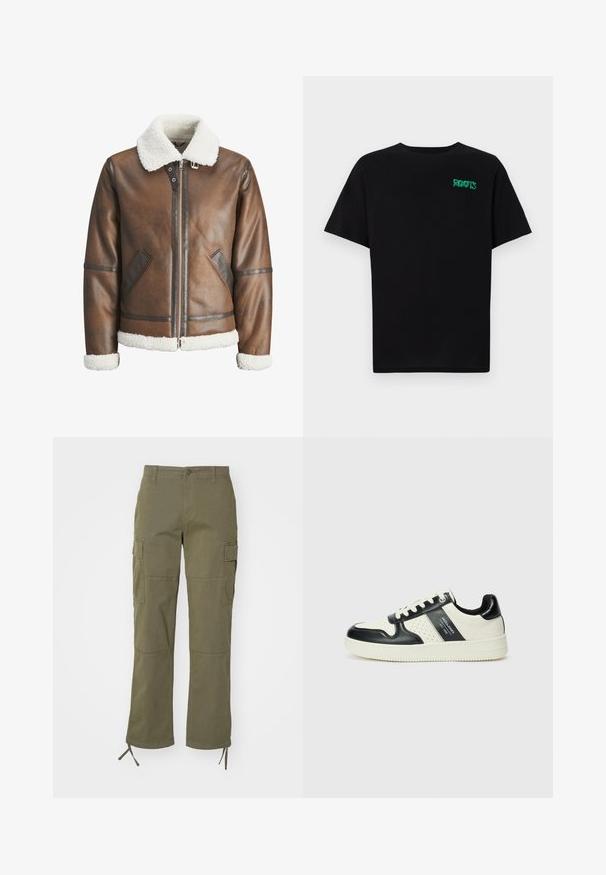Brun læderbomberjakke med en hvid skindkrave og manchetter, udstyret med lynlåslukning og sidelommer. Pyntet med læderkant.; Sort t-shirt lavet af bomuld med korte ærmer. Har et grønt "ROOTS" logo på forsiden, rund halsudskæring og almindelig pasform.; Olivenfarvede cargo-bukser med lige ben-design, der har to sidelommer og justerbare bånd ved anklerne. Lavet af slidstærkt stof.; Lædersneakers i sort og creme farveskema, med perforerede detaljer, en polstret krave og en struktureret ydersål.