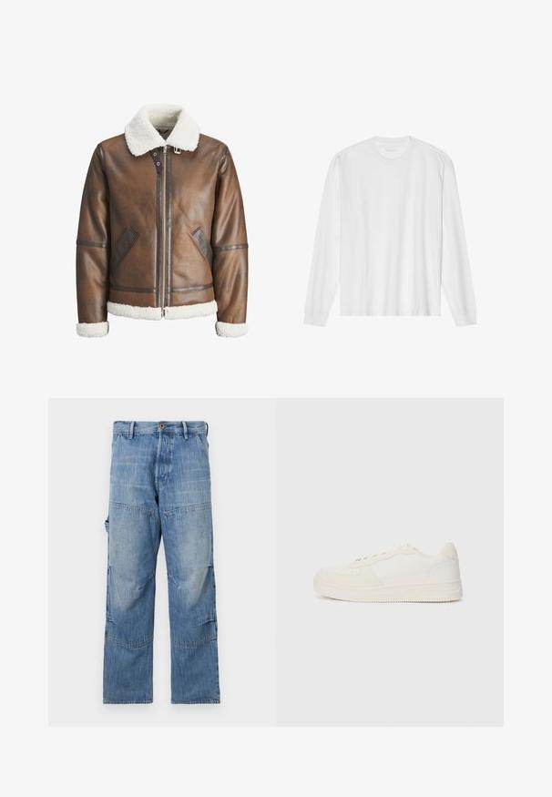 Braon kožni bomber jakna s bijelim krznom od ovce na ovratniku i manžetama, s patentnim zatvaračem i bočnim džepovima. Ukrašena kožnim detaljima.; Bijela pamučna majica dugih rukava s okruglim izrezom, sa rebrastim manžetnama i ravnim rubom, glatke teksture i minimalističkog dizajna.; Svijetloplave traperice širokih nogavica, s izblijedjelim područjima i šavovima od patchworka. Imaju prednje kopčanje s gumbom i patentnim zatvaračem te bočne džepove.; Bijela tenisica s gornjom površinom od glatke kože i akcentima od antilopa. Ima perforirani nos, ravne vezice i gumeni potplat s teksturiranim detaljima.