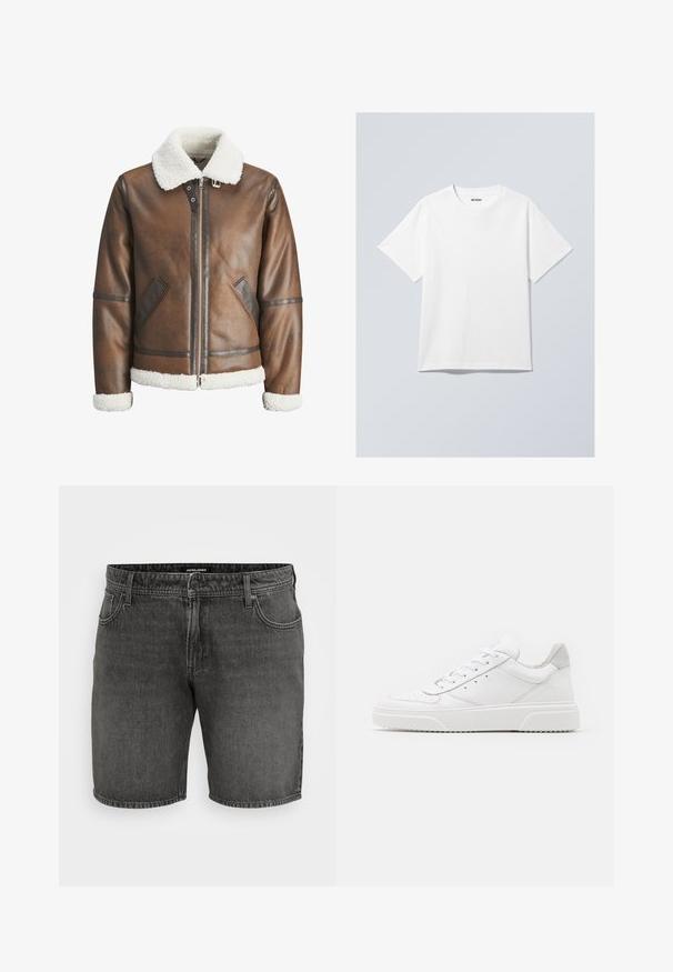 Barna bőr bombázó dzseki fehér báránybőr gallérral és mandzsettával, cipzáras záródással és oldalsó zsebekkel. Bőrkivágással kiemelve.; Fehér pamut póló, kerek nyakkal, rövid ujjal és laza fazonnal. A nyakrészen található egy "WEEKDAY" feliratú márkajelzés.; Fekete farmer rövidnadrág, klasszikus öt zsebes dizájnnal, gombos záródással és varrási részletekkel. Tartós pamut anyagból készült.; Fehér bőr sportcipő sima felülettel, kerek orral, lapos fűzőkkel és textúrált talppal. Szürke velúr díszítés a saroknál.