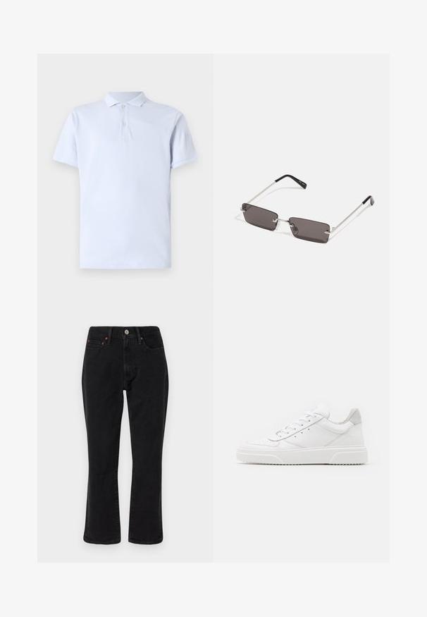 Rjav usnjeni bomberski jopič z belim ovčjim krznom na ovratniku in manšetah, z zadrgo in stranskima žepoma. Okrašen z usnjenimi detajli.; Svetlo modra polo majica iz bombaža, s klasičnim ovratnikom, kratkimi rokavi, dvogumbnim zapenjanjem in brez vzorca.; Črne kavbojke iz džinsa z ravnim krojem, petimi žepi in kovinskimi dodatki s bakrenimi akcenti. Gladka tekstura in srednji pas.; Bele usnjene športne copate z gladkim zaključkom, okroglo konico, ravnimi vezalkami in teksturiranim podplatom. Sivi semiš detajl na peti.; Očala za sonce s pravokotnimi, temno sivimi lečami, srebrnimi kovinskimi okvirji in črnimi plastičnimi konicami na ročajih. Lahka zasnova z nosnimi blazinicami.