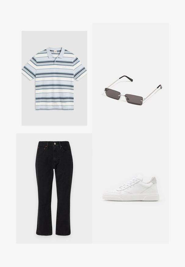 Brązowa skórzana kurtka bomber z białym kołnierzem i mankietami z owczej wełny, z zamkiem błyskawicznym z przodu i bocznymi kieszeniami. Podkreślona skórzanym wykończeniem.; Jasnoniebieska koszulka polo z poziomymi paskami w ciemnoniebieskim, granatowym i białym kolorze. Posiada kołnierz, krótkie rękawy oraz małe logo na piersi.; Czarne dżinsy o prostym kroju, pięć kieszeni, metalowe elementy wykończenia w miedzianym kolorze. Gładka tekstura i średni stan.; Białe skórzane trampki o gładkim wykończeniu, zaokrąglonym nosku, płaskich sznurówkach i teksturowanej podeszwie. Szary zamszowy akcent na pięcie.; Okulary przeciwsłoneczne z prostokątnymi, ciemnoszarymi soczewkami, srebrnymi metalowymi ramkami i czarnymi plastikowymi zakończeniami na zausznikach. Lekka konstrukcja z poduszkami nosowymi.