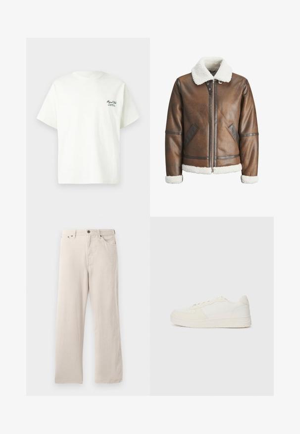 Brun læderbomberjakke med en hvid skindkrave og manchetter, udstyret med lynlåslukning og sidelommer. Pyntet med læderkant.; Hvid bomulds t-shirt med korte ærmer, rund halsudskæring og grøn tekstdetalje på venstre side, der viser brand- og lokationsinformation.; Beige fløjl bukser med lige snit, der har en ribbet tekstur, fem-lomme design og knap-fly lukning.; Hvid sneaker med en glat læderoverdel og suede-detaljer. Har en perforeret tå, flade snørebånd og en gummisål med tekstureret detaljering.