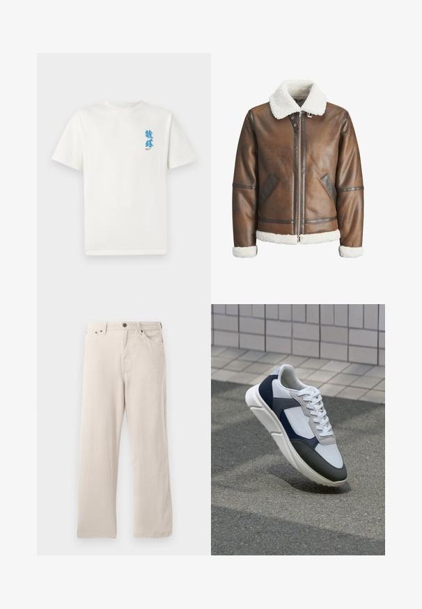Καφέ δερμάτινο αεροπορικό μπουφάν με λευκή γούνα στον γιακά και στα μανίκια, διαθέτει φερμουάρ και πλαϊνές τσέπες. Έχει και λεπτομέρειες από δέρμα.; Λευκό βαμβακερό t-shirt με κοντά μανίκια. Διαθέτει μπλε γραφικό σχέδιο στο αριστερό στήθος, κείμενο από κάτω και κλασική στρογγυλή λαιμόκοψη.; Μπεζ καμπάνες από κορντούρα με ίσια γραμμή, που διαθέτουν ριγωτή υφή, σχέδιο πέντε τσεπών και κλείσιμο με κουμπί.; Λευκά, ναυτικά και γκρι sneakers με σχέδιο από μικτά υλικά, που διαθέτουν υφή στο πάνω μέρος, επίπεδα κορδόνια και μαλακή σόλα.