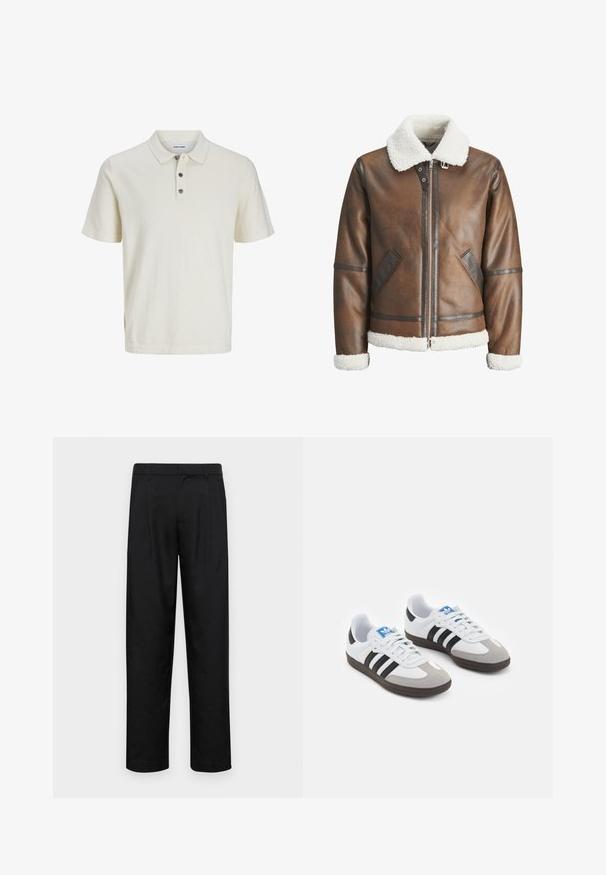 Brown leather bomber jacket with a white shearling collar and cuffs, featuring zip closure and side pockets. Accented with leather trim.; White short-sleeve polo shirt made from soft, textured fabric, featuring a collared neck and three dark buttons at the placket.; Black trousers made of smooth fabric, featuring a straight-leg design, two front pleats, and standard waistband with belt loops.; Sport shoes with a white leather upper, gray suede toe, and three black stripes. Features a blue logo on the tongue and a textured rubber sole.