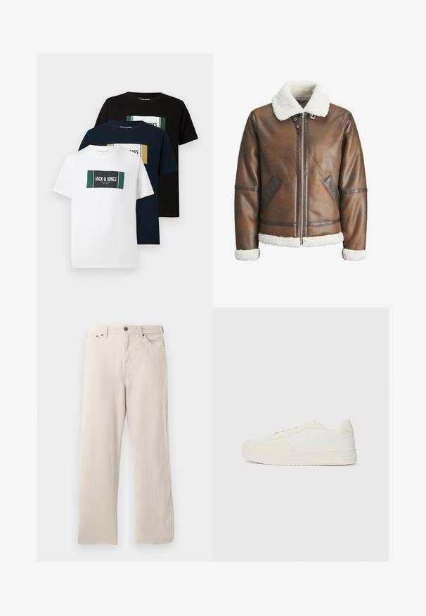 Brown leather bomber jacket with a white shearling collar and cuffs, featuring zip closure and side pockets. Accented with leather trim.; Three T-shirts: white, navy, and black. Each features a rectangular graphic with "Jack & Jones" branding and color accents. Cotton material.; Beige corduroy pants with a straight cut, featuring a ribbed texture, five-pocket design, and a button-fly closure.; White sneaker with a smooth leather upper and suede accents. Features a perforated toe, flat laces, and a rubber sole with textured detailing.