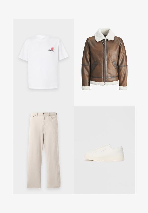 Brown leather bomber jacket with a white shearling collar and cuffs, featuring zip closure and side pockets. Accented with leather trim.; White cotton t-shirt featuring short sleeves, a round neckline, and a colorful printed design of a strawberry with the text "Frozen Strawberry."; Beige corduroy pants with a straight cut, featuring a ribbed texture, five-pocket design, and a button-fly closure.; White slip-on sneakers with a textured surface, a thick sole, and minimalistic design. Features brand logo on the side.