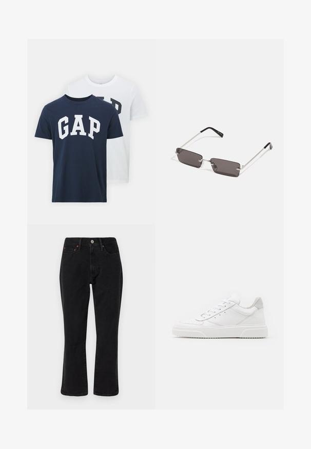 Brązowa skórzana kurtka bomber z białym kołnierzem i mankietami z owczej wełny, z zamkiem błyskawicznym z przodu i bocznymi kieszeniami. Podkreślona skórzanym wykończeniem.; Dwie koszulki z GAP; jedna granatowa z białym logo "GAP", a druga biała z ciemnozielonym logo "GAP". Wykonane z bawełny, design z okrągłym dekoltem.; Czarne dżinsy o prostym kroju, pięć kieszeni, metalowe elementy wykończenia w miedzianym kolorze. Gładka tekstura i średni stan.; Białe skórzane trampki o gładkim wykończeniu, zaokrąglonym nosku, płaskich sznurówkach i teksturowanej podeszwie. Szary zamszowy akcent na pięcie.; Okulary przeciwsłoneczne z prostokątnymi, ciemnoszarymi soczewkami, srebrnymi metalowymi ramkami i czarnymi plastikowymi zakończeniami na zausznikach. Lekka konstrukcja z poduszkami nosowymi.