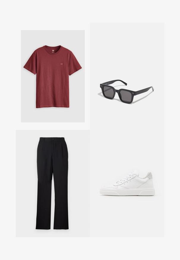 Brązowa skórzana kurtka bomber z białym kołnierzem i mankietami z owczej wełny, z zamkiem błyskawicznym z przodu i bocznymi kieszeniami. Podkreślona skórzanym wykończeniem.; Bordowa, krótka koszulka z bawełny; posiada okrągły dekolt i małą metkę z logo na lewej piersi. Gładka faktura.; Only & Sons ONSJEREMY czarny; Białe skórzane trampki o gładkim wykończeniu, zaokrąglonym nosku, płaskich sznurówkach i teksturowanej podeszwie. Szary zamszowy akcent na pięcie.; Czarne prostokątne okulary przeciwsłoneczne z ciemnymi soczewkami, charakteryzujące się grubą oprawką, subtelnymi akcentami po bokach i brakiem widocznych logo poza nazwą marki.