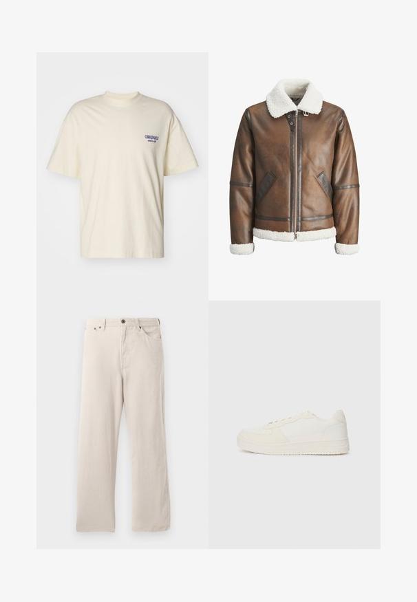 Braune Lederbomberjacke mit einem weißen Lammfellkragen und -manschetten, mit einem Reißverschluss und Seitentaschen. Akzentuiert mit Lederbesätzen.; Kurzarm T-Shirt in cremefarbe aus Baumwolle. Mit einem kleinen blauen "ORIGINALS" Logo auf der linken Brust. Klassische Passform und Rundhalsausschnitt.; Beige Corduroyhosen mit geradem Schnitt, gerippter Textur, Fünf-Taschen-Design und Knopfverschluss.; Weiße Sneaker mit einem Obermaterial aus glattem Leder und Wildlederakzenten. Sie verfügen über eine perforierte Zehenpartie, flache Schnürsenkel und eine Gummisohle mit strukturierten Details.