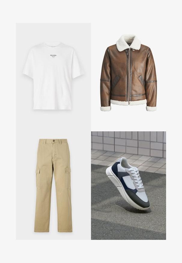 Bruine leren bomberjack met een witte schapenvacht kraag en manchetten, met ritssluiting en zijzakken. Aangevuld met leren afgewerkte details.; Witte katoenen t-shirt met een ronde halslijn, korte mouwen en een bedrukte logo met de tekst "ESS.WRD." op de borst, minimalistisch ontwerp.; Beige cargobroek van katoen, met twee zijzakken, een knoopsluiting en rechte pijpen van een licht gestructureerde stof.; Witte, marineblauwe en grijze sneaker met een gemengde materiaald ontwerp, met een gestructureerde bovenkant, platte veters en een gevoerde zool.