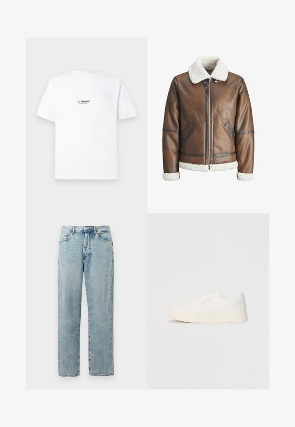 Brown leather bomber jacket with a white shearling collar and cuffs, featuring zip closure and side pockets. Accented with leather trim.; White cotton t-shirt with short sleeves. Features a small black logo text "JJ Studios" on the chest. Simple, unadorned design.; Light blue straight-leg denim jeans with a button and zipper closure, front pockets, and subtle faded detailing.; White slip-on sneakers with a textured surface, a thick sole, and minimalistic design. Features brand logo on the side.