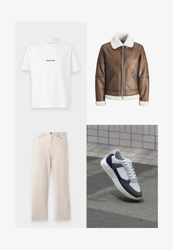 Brown leather bomber jacket with a white shearling collar and cuffs, featuring zip closure and side pockets. Accented with leather trim.; White cotton t-shirt with short sleeves, featuring a small black "Originals Studio" logo on the chest and a textured label on the hem.; Beige corduroy pants with a straight cut, featuring a ribbed texture, five-pocket design, and a button-fly closure.; White, navy, and gray sneaker with a mixed material design, featuring a textured upper, flat laces, and a cushioned sole.
