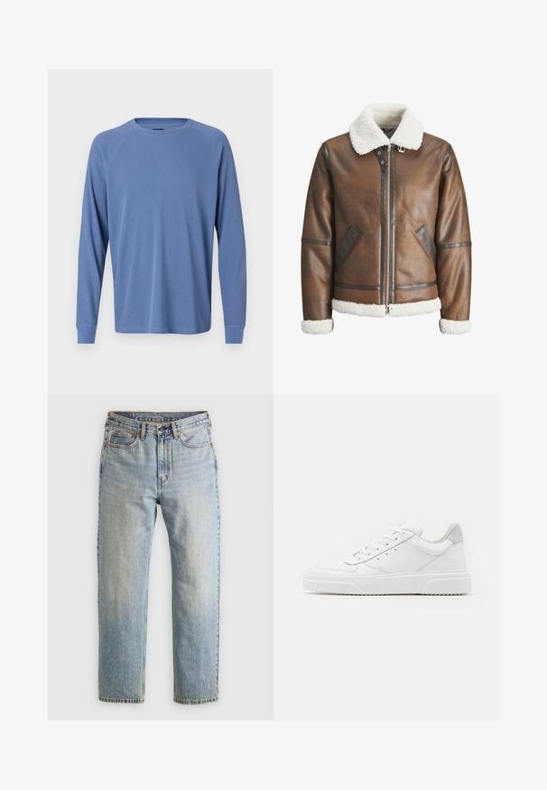 Brown leather bomber jacket with a white shearling collar and cuffs, featuring zip closure and side pockets. Accented with leather trim.; Long-sleeve, crew-neck shirt in light blue, featuring a textured ribbed design and raglan sleeves with fitted cuffs.; Light blue denim jeans with high waist, front button, zipper, and five-pocket design, laid flat on a neutral background.; White leather sneakers with a smooth finish, rounded toe, flat laces, and a textured sole. Grey suede accent at the heel.