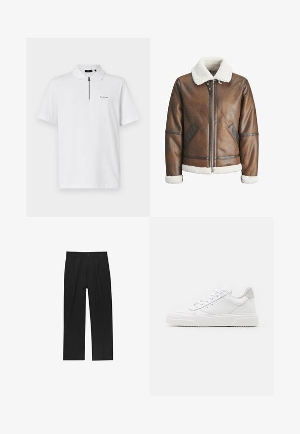 Ruskea nahkainen pommikonejacke, jossa on valkoinen keinonahka kaulus ja hihansuut, varustettu vetoketjukiinnityksellä ja sivutaskuilla. Korostettu nahkakaitaleilla.; Valkoinen polo-paita, jossa on lyhyet hihat, vetoketjukaulus ja pieni musta "BELSTAFF" -logo vasemmassa rinnassa. Sileä puuvillakangas.; Mustat housut suoranlahkeisella muotoilulla, valmistettu sileästä kankaasta. Ominaisuuksiin kuuluu etupleateet ja yksi nappikiinnitys vyötäröllä.; Valkoiset nahkakengät, joissa on sileä pinta, pyöreä kärki, litteät nauhat ja teksturoitu pohja. Harmaa mokkanahka korostaa kantapäätä.