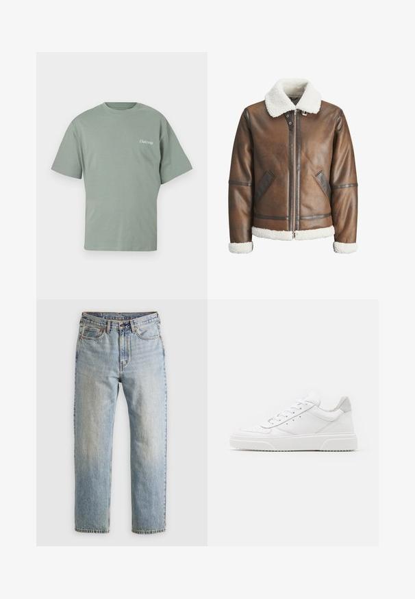 Brun skinn bomberjakke med hvit shearlingkrage og mansjetter, med glidelås foran og sidelommer. Akzentert med skinnkanter.; Mintgrønn bomulls T-skjorte med rund hals, korte ermer og en liten "Club1990" trykk på venstre bryst.; Lys blå denim jeans med høy midje, frontknapp, glidelås og fem-lommers design, lagt flatt på en nøytral bakgrunn.; Hvite skinnsko med en glat overflate, rund tå, flate lisser og teksturert såle. Grå semsket innfelt ved hælen.