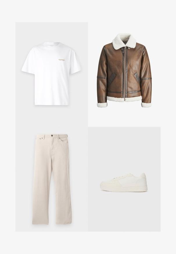 Giacca bomber in pelle marrone con colletto e polsini in shearling bianco, dotata di chiusura con zip e tasche laterali. Accentuata con finiture in pelle.; T-shirt bianco in cotone con maniche corte, caratterizzato da un piccolo logo dorato sul petto. Collo a giroclassico, texture liscia.; Pantaloni in corduroy beige con taglio dritto, caratterizzati da una trama a coste, design a cinque tasche e chiusura con bottone.; Sneaker bianco con tomaia in pelle liscia e dettagli in camoscio. Presenta una punta perforata, lacci piatti e una suola in gomma con dettagli testurizzati.