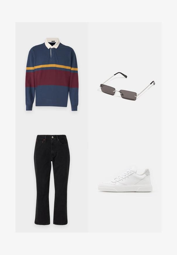 Bruine leren bomberjack met een witte schapenvacht kraag en manchetten, met ritssluiting en zijzakken. Aangevuld met leren afgewerkte details.; Langarm polo shirt in marineblauw, met bordeauxrode en mosterdgele strepen. Contrasterende witte kraag met knoopsluiting. Zacht katoenen stof.; Zwarte denim jeans met een rechte pasvorm, vijf zakken en metalen hardware met koperen accenten. Gladde textuur en een gemiddelde taillehoogte.; Witte leren sneakers met een gladde afwerking, ronde neus, platte veters en een gestructureerde zool. Grijze suède accent bij de hiel.; Zonnebril met rechthoekige, donkergrijze lenzen, zilveren metalen frames en zwarte kunststof uiteinden op de armen. Lichtgewicht ontwerp met neuspads.