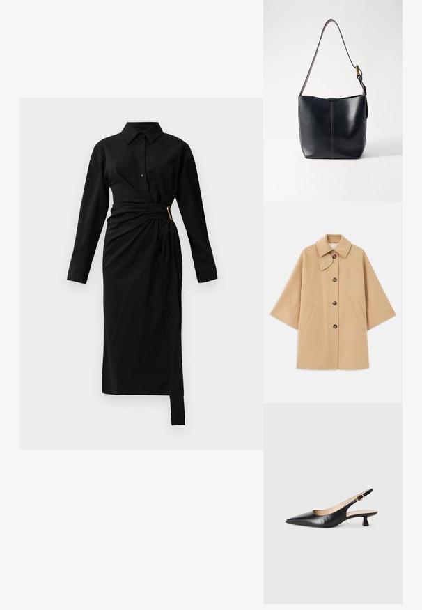 Beige ullblandad kappa med klassisk krage, framknäppning med knappar och sidofickor; har raglanärmar och en ren, strukturerad design.; Svart långärmad midiklänning med krage, knappar framtill och en asymmetrisk midjeomslag som fästs med ett guldspänne på höger sida.; Svart läderslingback-sko med kitten heel och spetsig tå, samt guldspänne på sidobandet, på vit bakgrund.; Svart läder axelväska med en slät yta, som har ett tunt, långt band och en subtil sömdetalj nedtill i mitten.