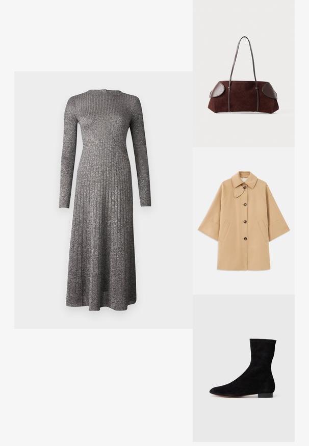 Beige kabát z vlněné směsi s klasickým límcem, zapínáním na knoflíky vpředu a bočními kapsami; má raglánové rukávy a čistý, strukturovaný design.; Dlouhý rukáv, žebrované šaty z stříbrošedé tkaniny s přiléhavým korzetem a širokou sukní, s kulatým výstřihem a jemným leskem.; Černá nubuková kotníková bota s úzkým svrškem, špičatou špičkou a nízkým blokovým podpatkem. Hladká textura a minimalistický design, vhodné pro všestranné styling.; Hnědá semišová taška s koženými detaily, strukturovaného tvaru, s dvojitými ramenními popruhy a zaoblenými okraji, s hladkým povrchem a minimálním kovovým příslušenstvím.