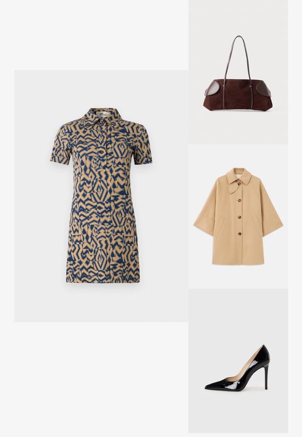 Beige gyapjú mix kabát klasszikus gallérral, elülső gombos záródással és oldalsó zsebekkel; raglán ujjaival és letisztult, strukturált dizájnjával rendelkezik.; Rövidujjú bézs ruha kék geometriai mintával. Galléros nyakkal és gombos elülső kialakítással rendelkezik.; Fekete lakkbőr magas sarkú pumpa hegyes orral és elegáns sziluettel. Simább, fényes felülettel és karcsú tűsarokkal rendelkezik.; Barna velúr táska bőrkiegészítőkkel, strukturált forma, dupla vállpántok és kerekded élek, sima felülettel és minimális fém kiegészítőkkel.