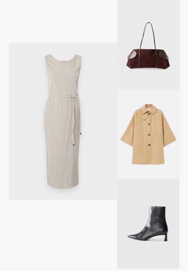 Palton din lână bej, cu un guler clasic, închidere frontală cu nasturi și buzunare laterale; are mâneci raglan și un design curat, structurat.; Rochie bej, fără mâneci, cu decolteu rotund, dungi texturate verticale și o curea asortată la talie. Lungime până la jumătatea gambei.; Cizmă de gleznă din piele neagră cu vârf ascuțit și un design elegant. Dispune de un toc mic și de o închidere cu fermoar la spate. Textură netedă.; Geantă din suede maro cu accente din piele, formă structurată, două curele de umăr și margini rotunjite, având o textură netedă și hardware minim.